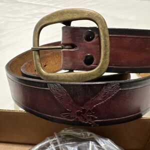 Brown Leather Belt Embossed Eagle 42 Brass Buckle Western Patriotic Cowboy VTG